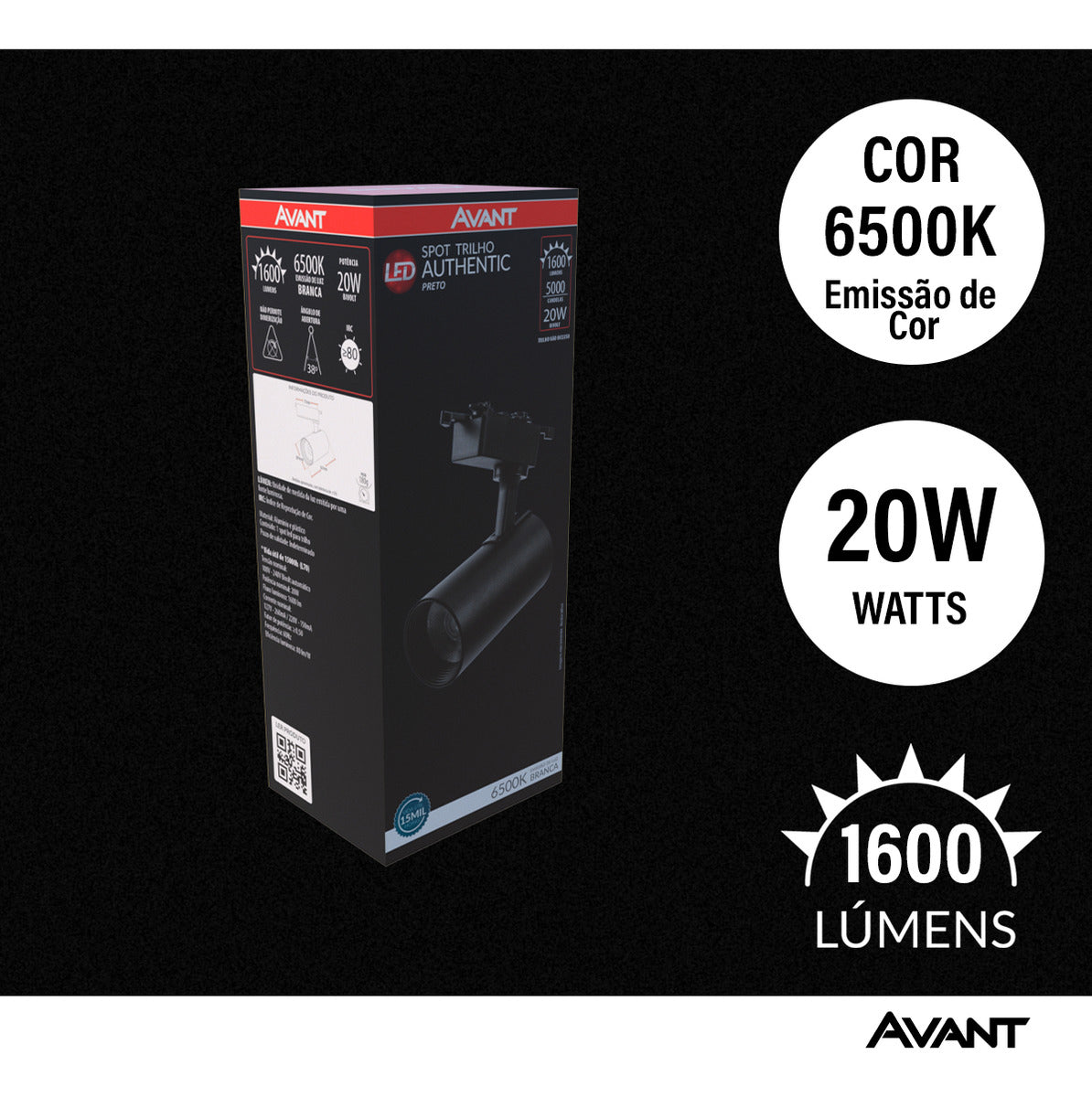 Spot Led Para Trilho Authentic T1 20w 6500k Branco Frio Ip20 Preto Cod: 251851370 Avant 127/220v