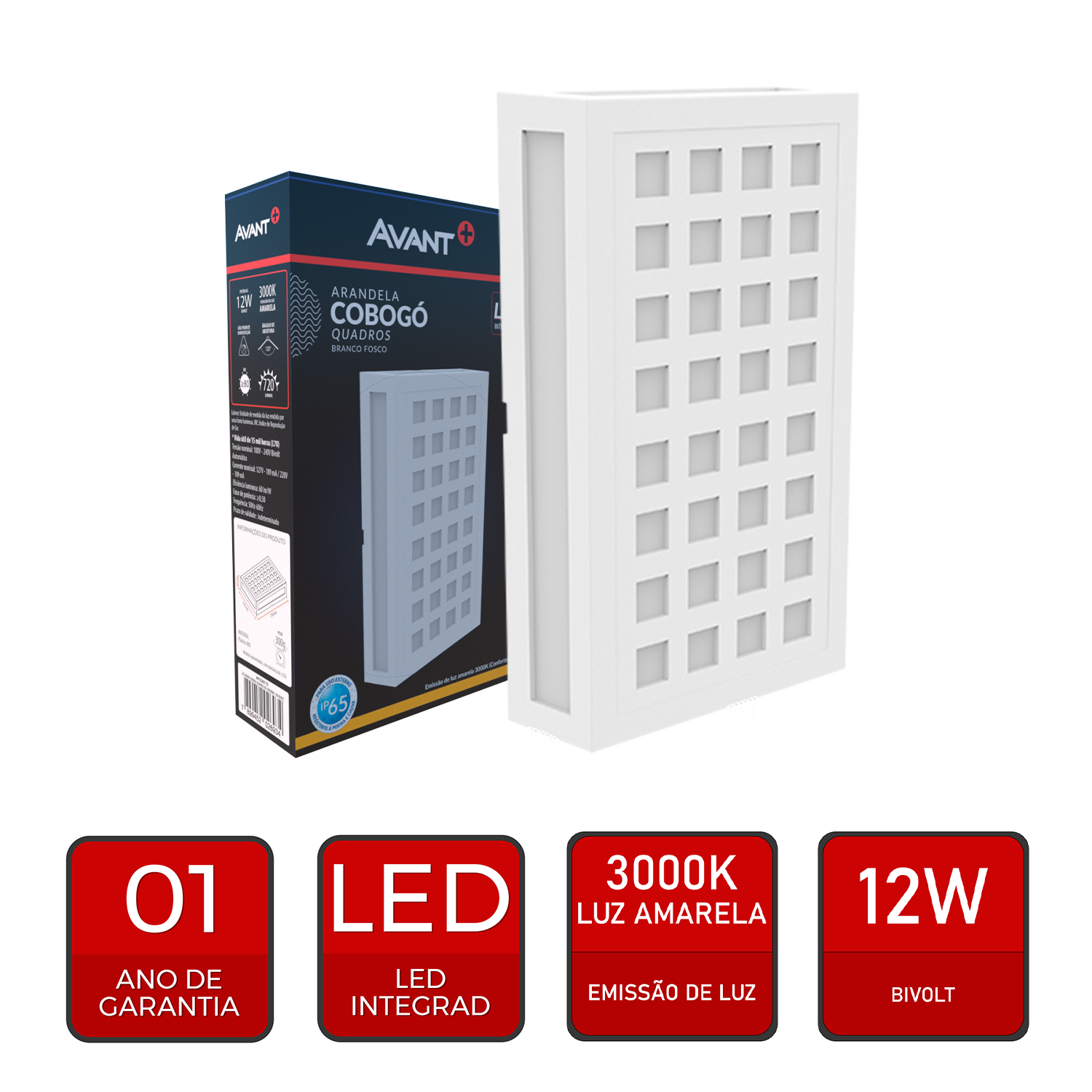 Arandela Led Cobogó Quadros 12W 3000k Branco Quente Bivolt Ip65 Branco Avant
