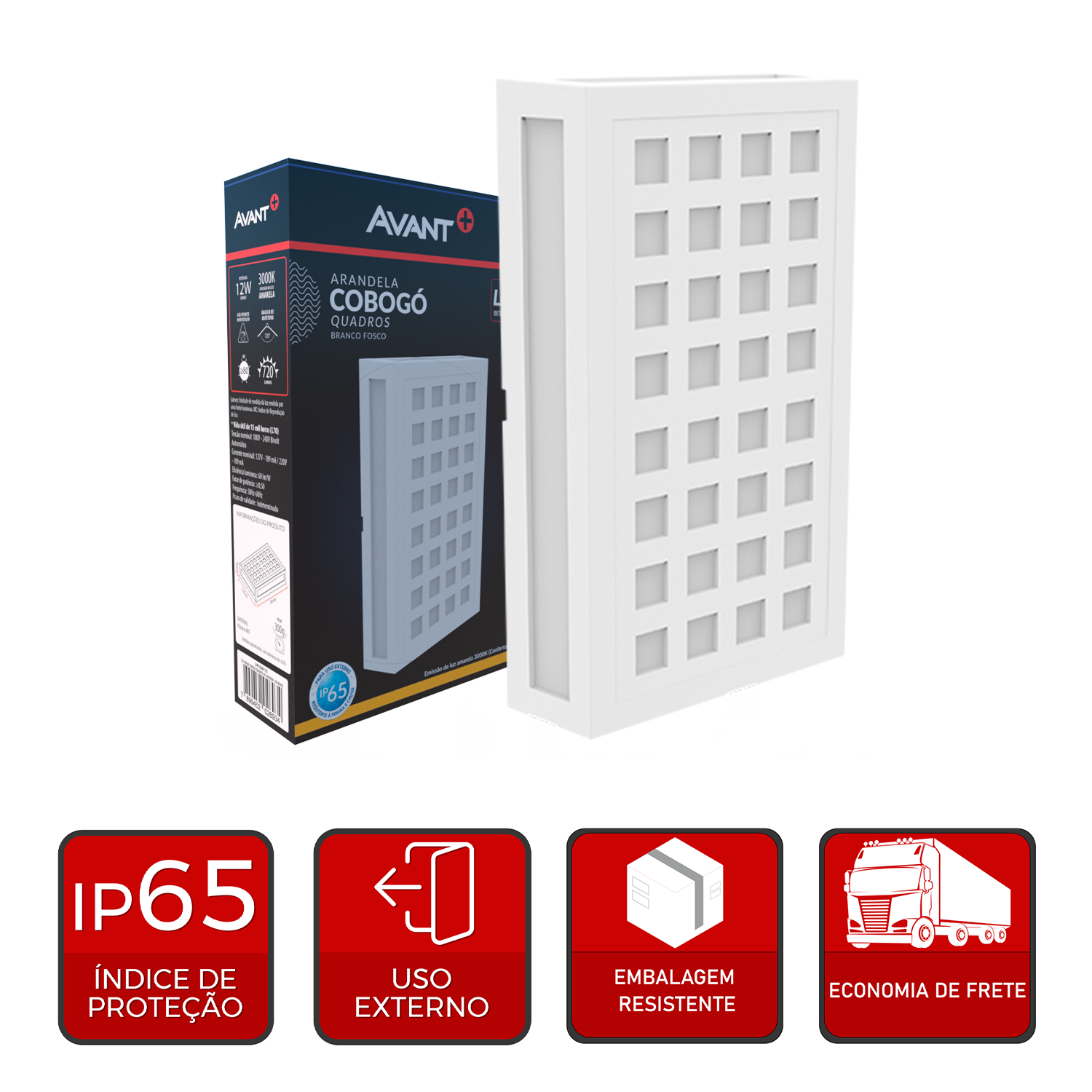 Arandela Led Cobogó Quadros 12W 3000k Branco Quente Bivolt Ip65 Branco Avant