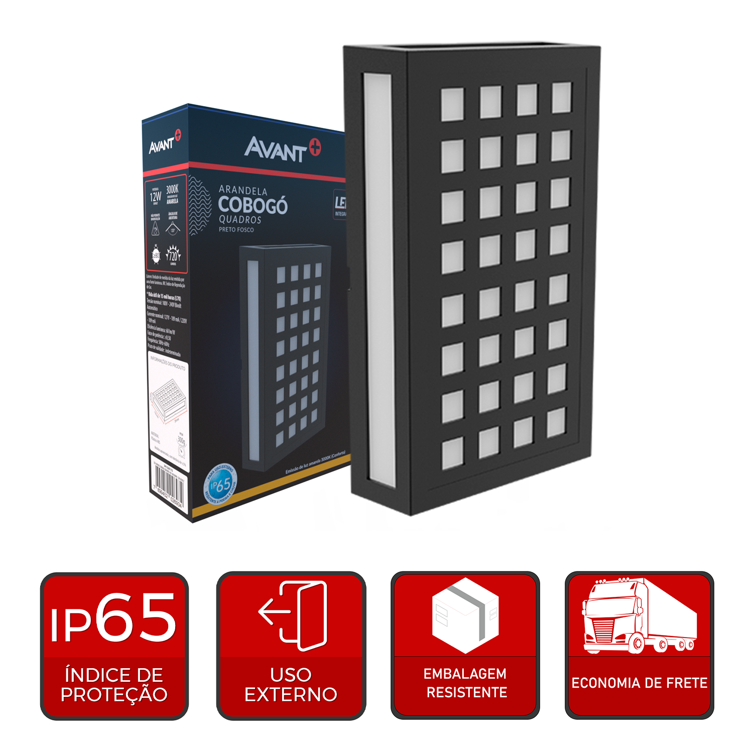 Arandela Led Cobogó Quadros 12W 3000k Branco Quente Bivolt Ip65 Preto Avant