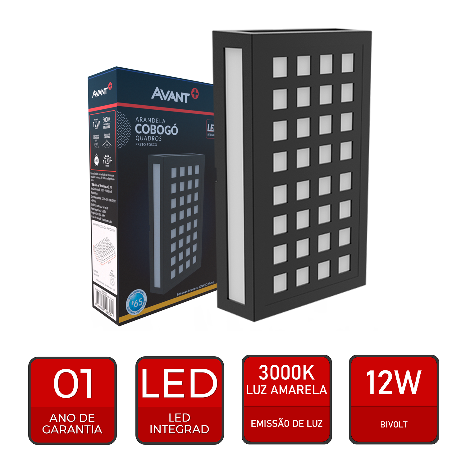 Arandela Led Cobogó Quadros 12W 3000k Branco Quente Bivolt Ip65 Preto Avant