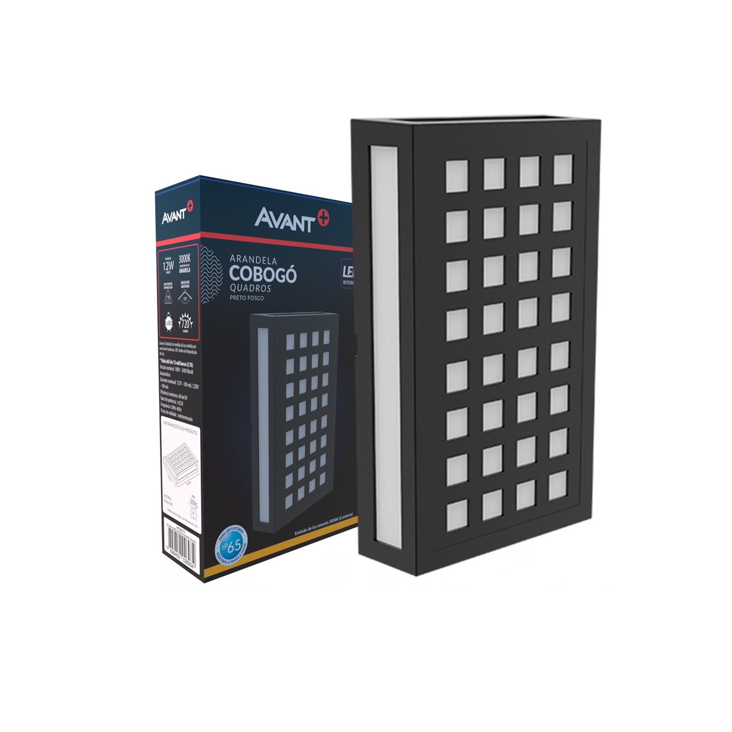 Arandela Led Cobogó Quadros 12W 3000k Branco Quente Bivolt Ip65 Preto Avant