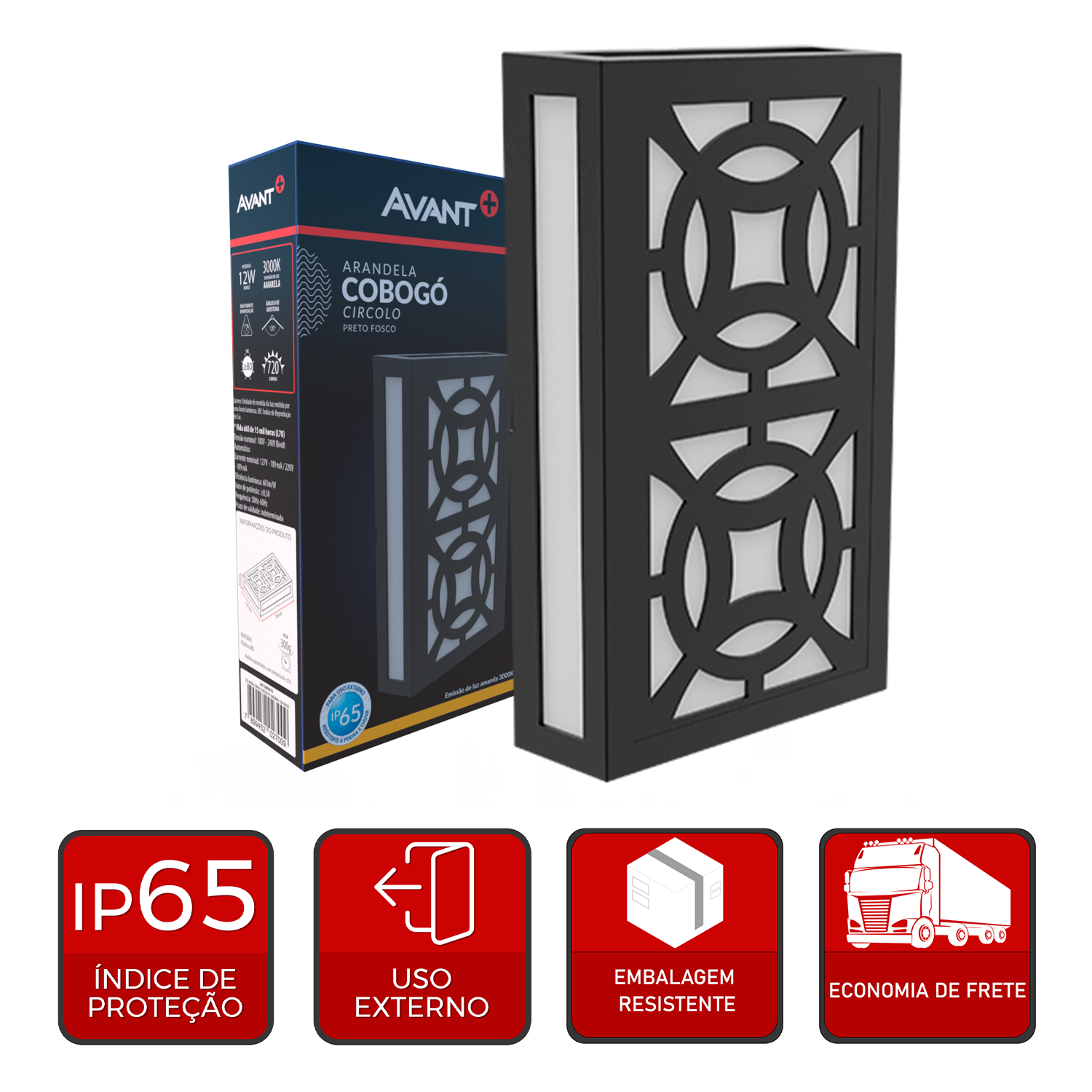 Arandela Led Cobogó Circolo 12W 3000k Branco Quente Bivolt Ip65 Preto Avant