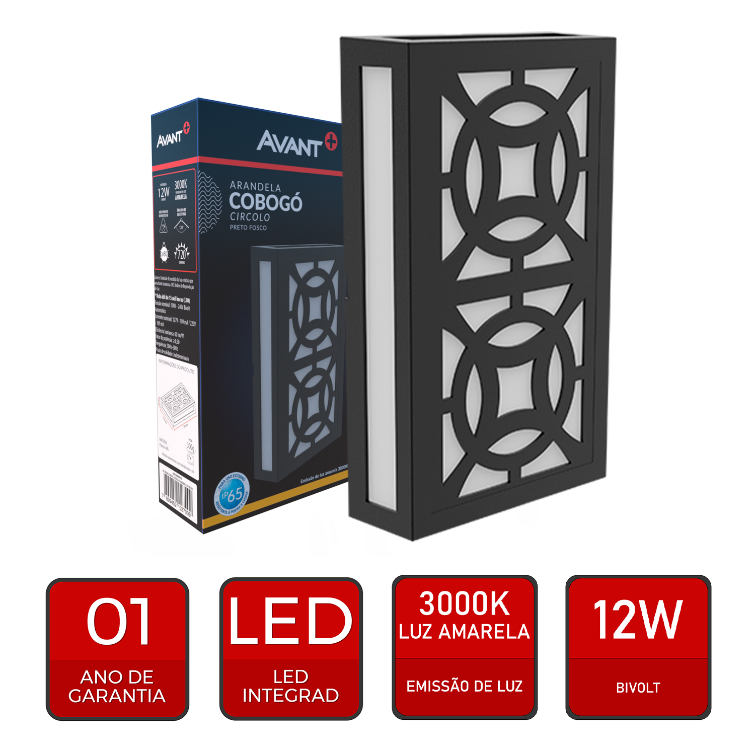 Arandela Led Cobogó Circolo 12W 3000k Branco Quente Bivolt Ip65 Preto Avant