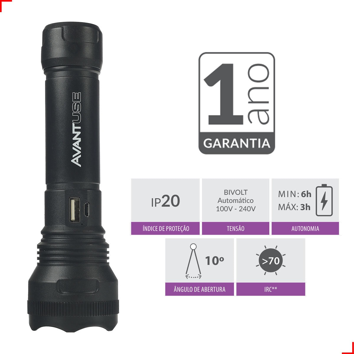 Lanterna Led Adventure Recarregável 3w 6500k Branco Frio IP20 Bivolt Preto Avant Use