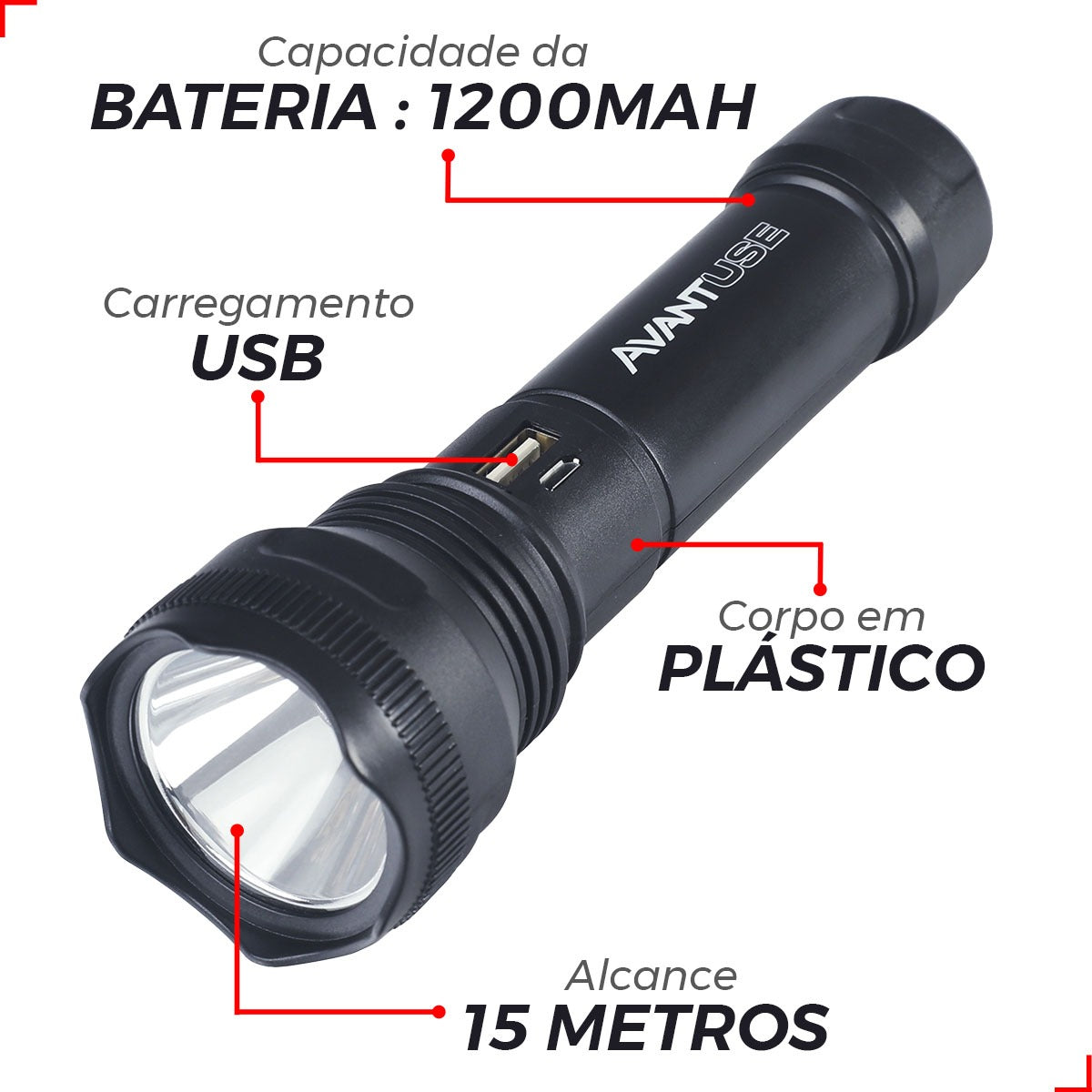 Lanterna Led Adventure Recarregável 3w 6500k Branco Frio IP20 Bivolt Preto Avant Use