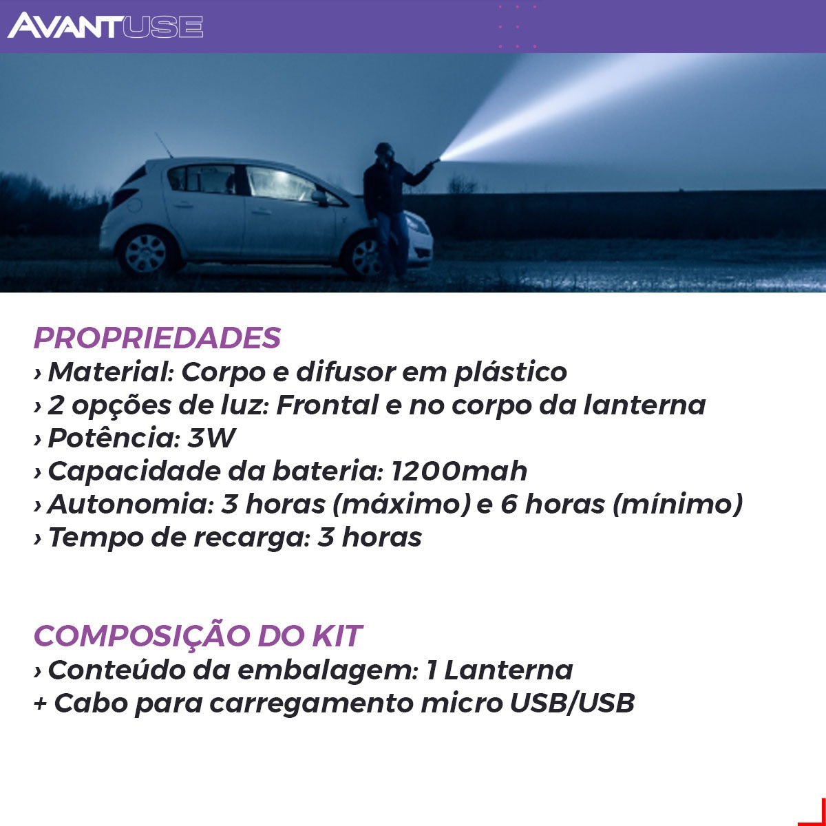 Lanterna Led Adventure Recarregável 3w 6500k Branco Frio IP20 Bivolt Preto Avant Use