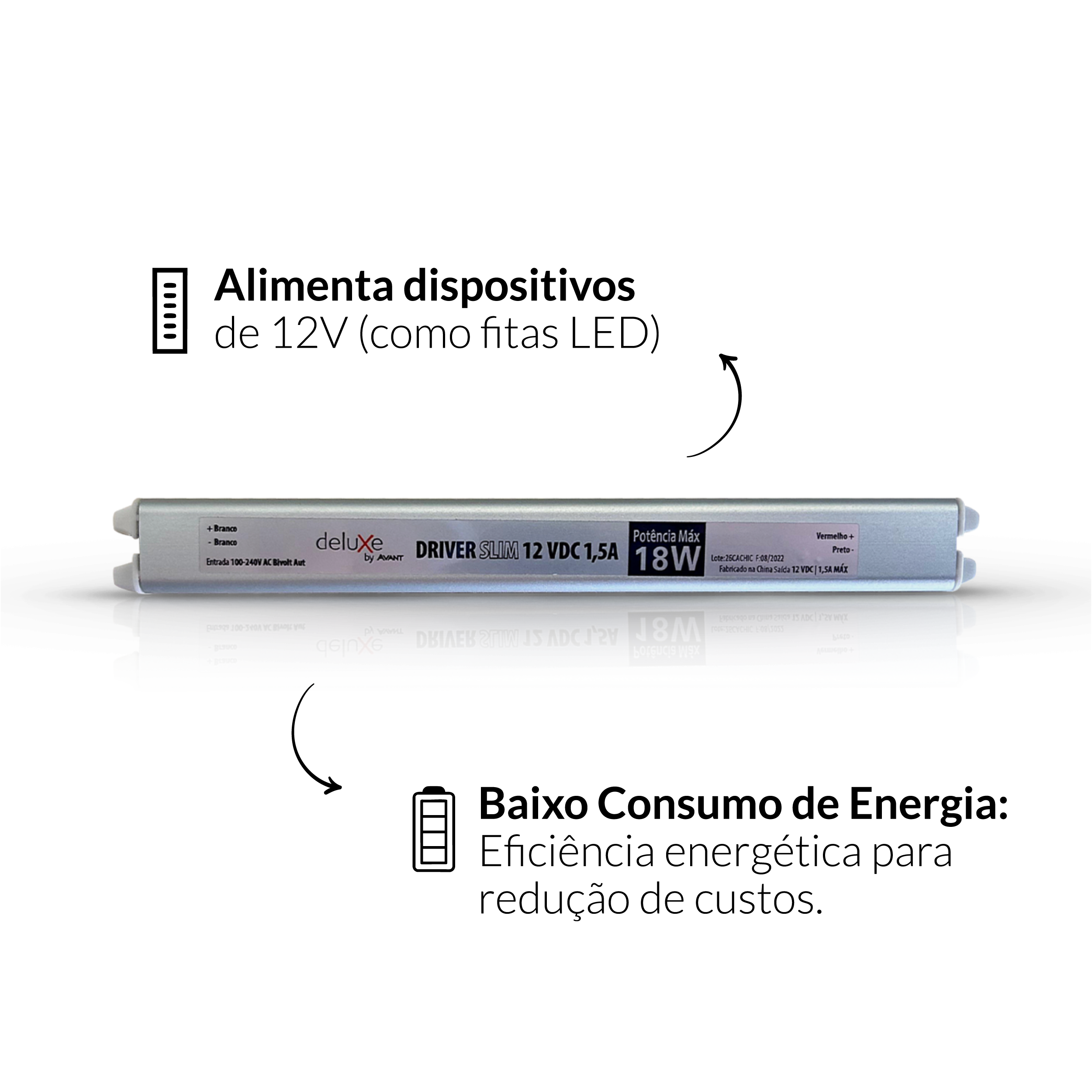 Fonte Driver Slim Fita Led 18w 12v 1,5A IP20 Bivolt Preto Avant