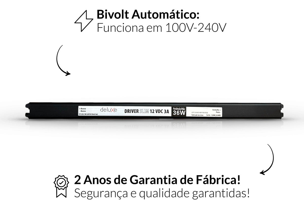 Fonte Driver Slim Fita Led 36w 12v 3A IP20 Bivolt Preto Avant
