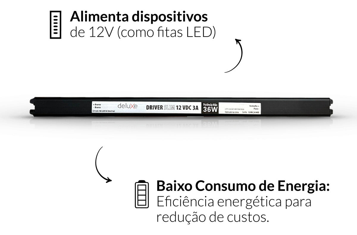 Fonte Driver Slim Fita Led 36w 12v 3A IP20 Bivolt Preto Avant