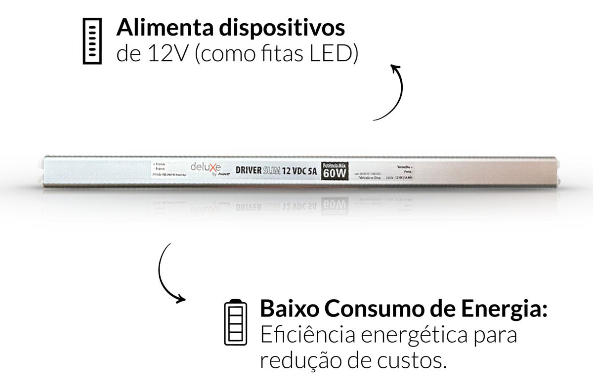 Fonte Driver Slim Fita Led 60w 12v 5A IP20 Bivolt Preto Avant