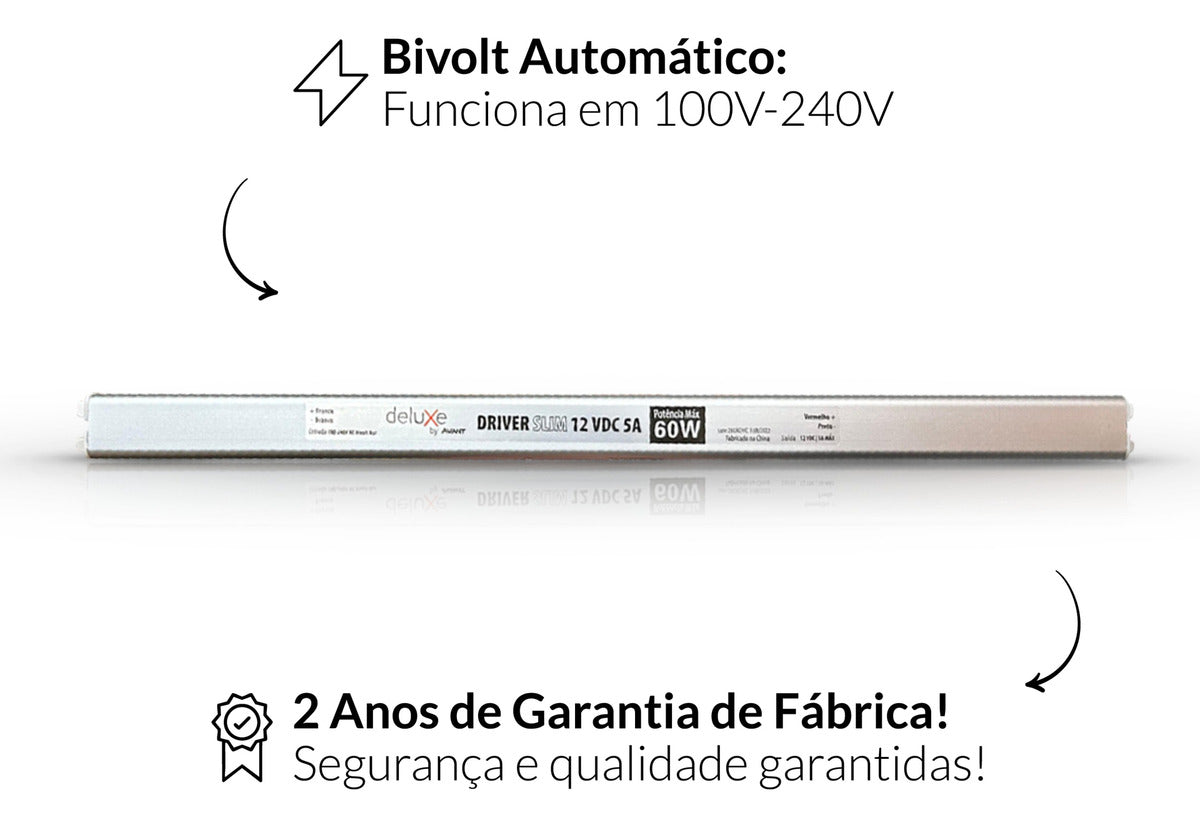 Fonte Driver Slim Fita Led 60w 12v 5A IP20 Bivolt Preto Avant