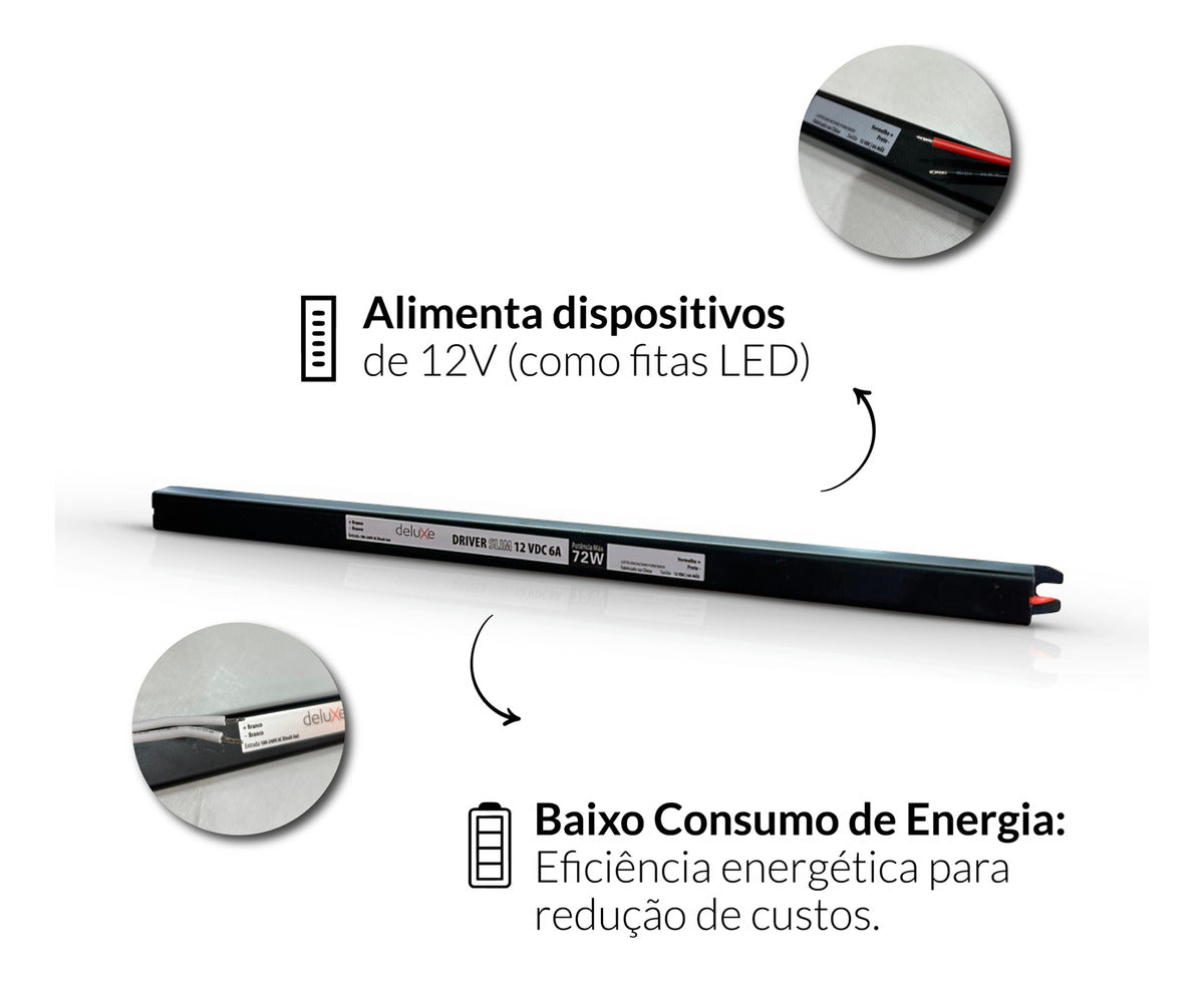 Fonte Driver Slim Fita Led 72w 12v 6A IP20 Bivolt Preto Avant