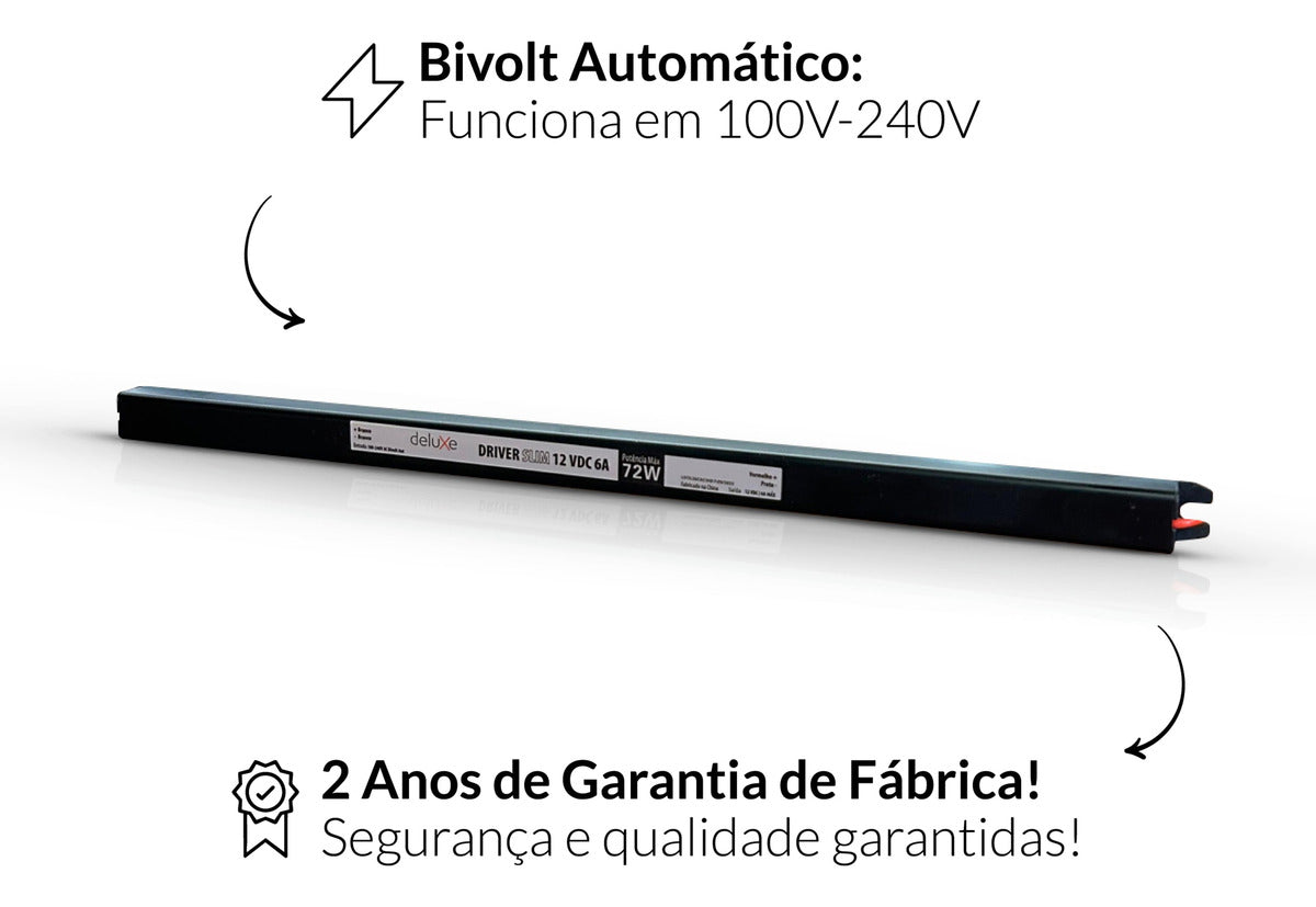 Fonte Driver Slim Fita Led 72w 12v 6A IP20 Bivolt Preto Avant