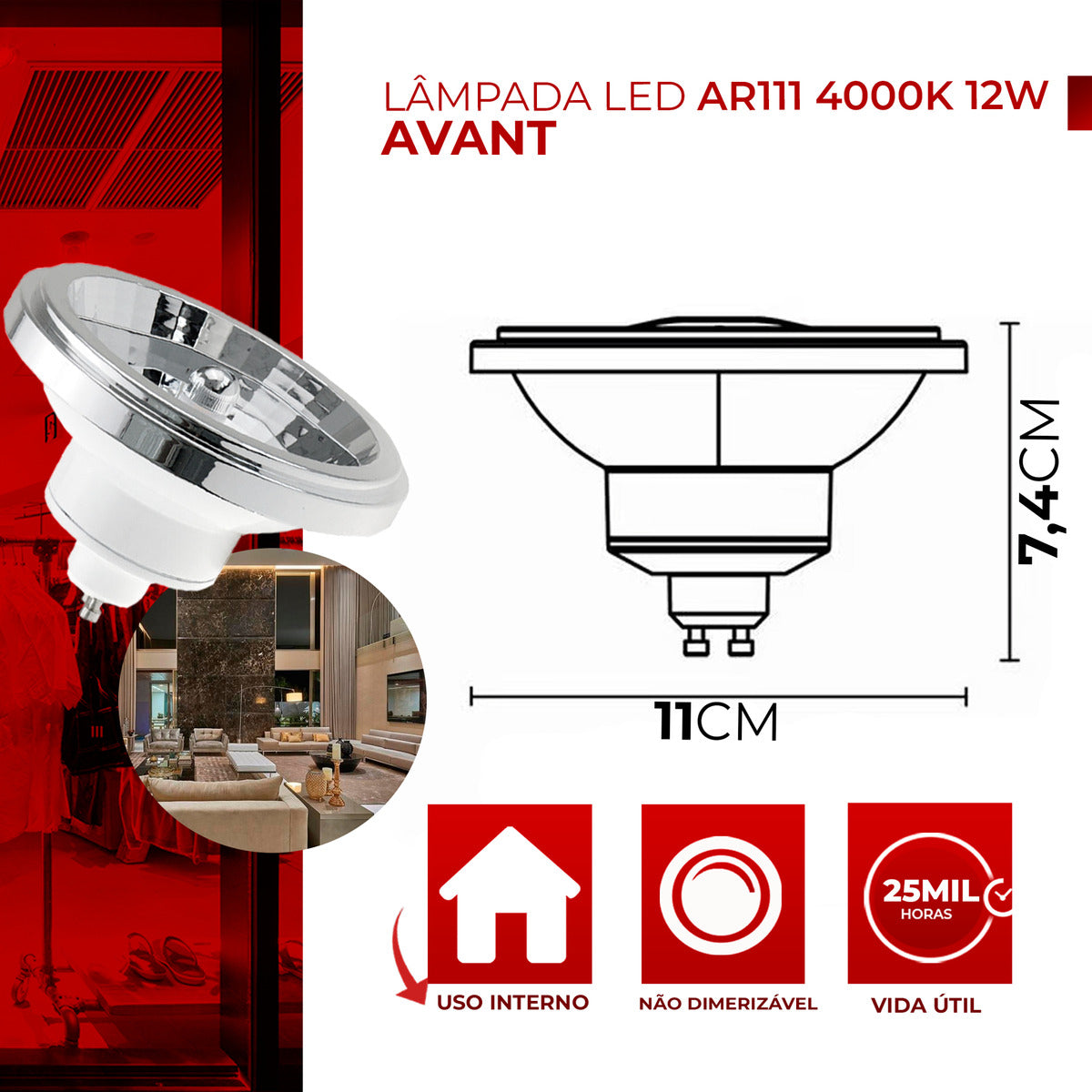 Lâmpada Ar111 12w 4000k Branco Neutro Gu10 IP20 Bivolt Branco Avant