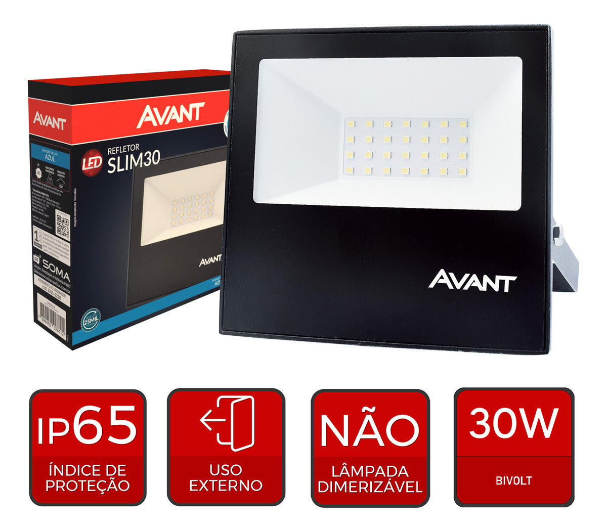 Refletor Slim 30W Azul Bivolt IP66 Preto Avant