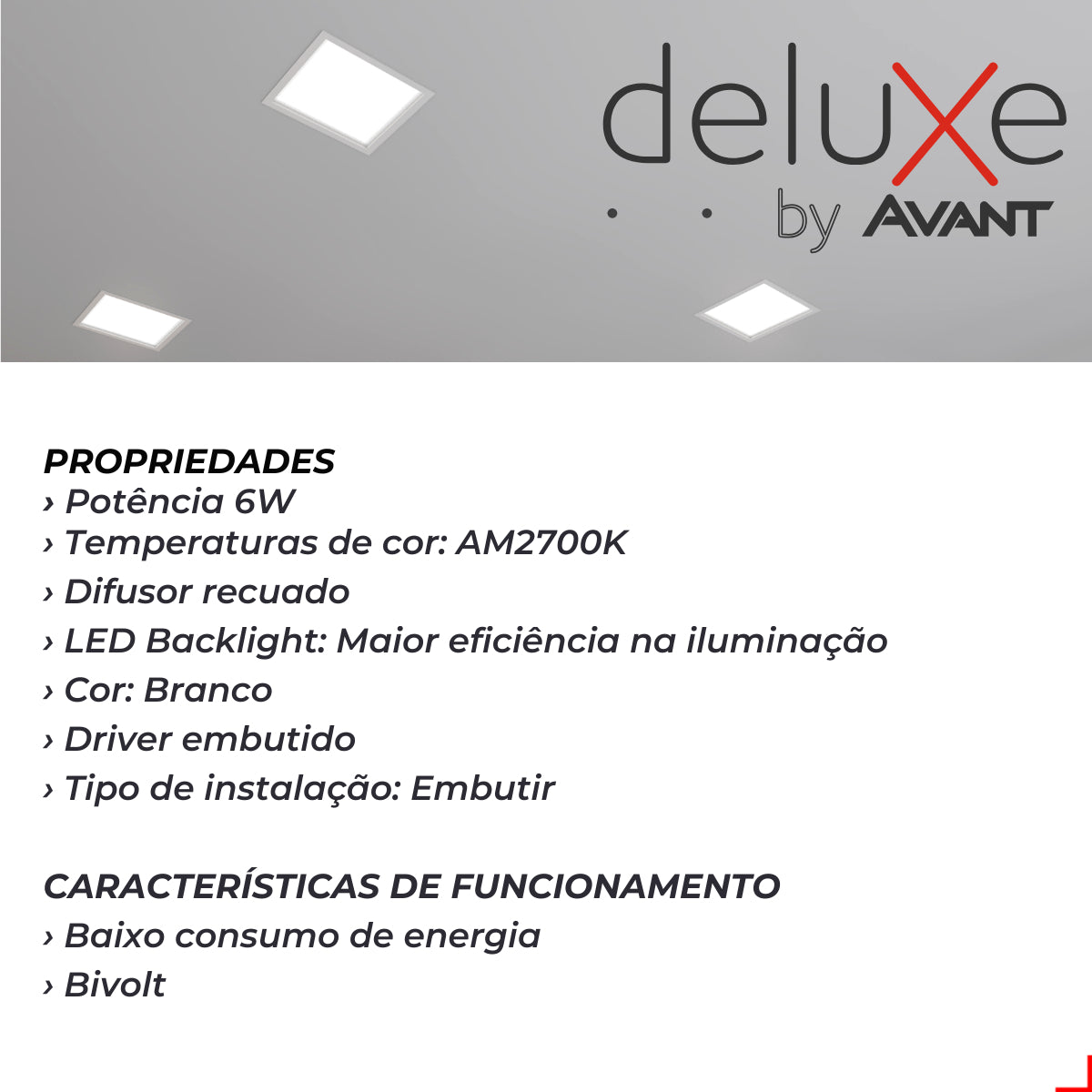 Painel Led Comfort Recuado 6w 2700k Branco Quente IP20 Bivolt Branco Avant