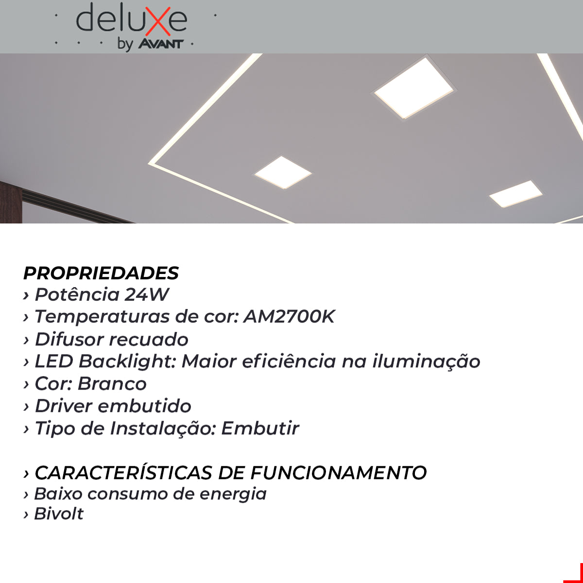Painel Led Recuado Comfort 24w 2700k Branco Quente IP20 Bivolt Branco Avant