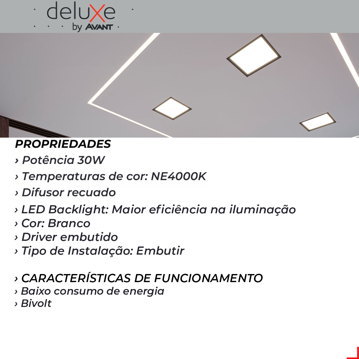 Painel Led Embutir Comfort 30w 4000K Branco Neutro IP20 Bivolt Branco Avant