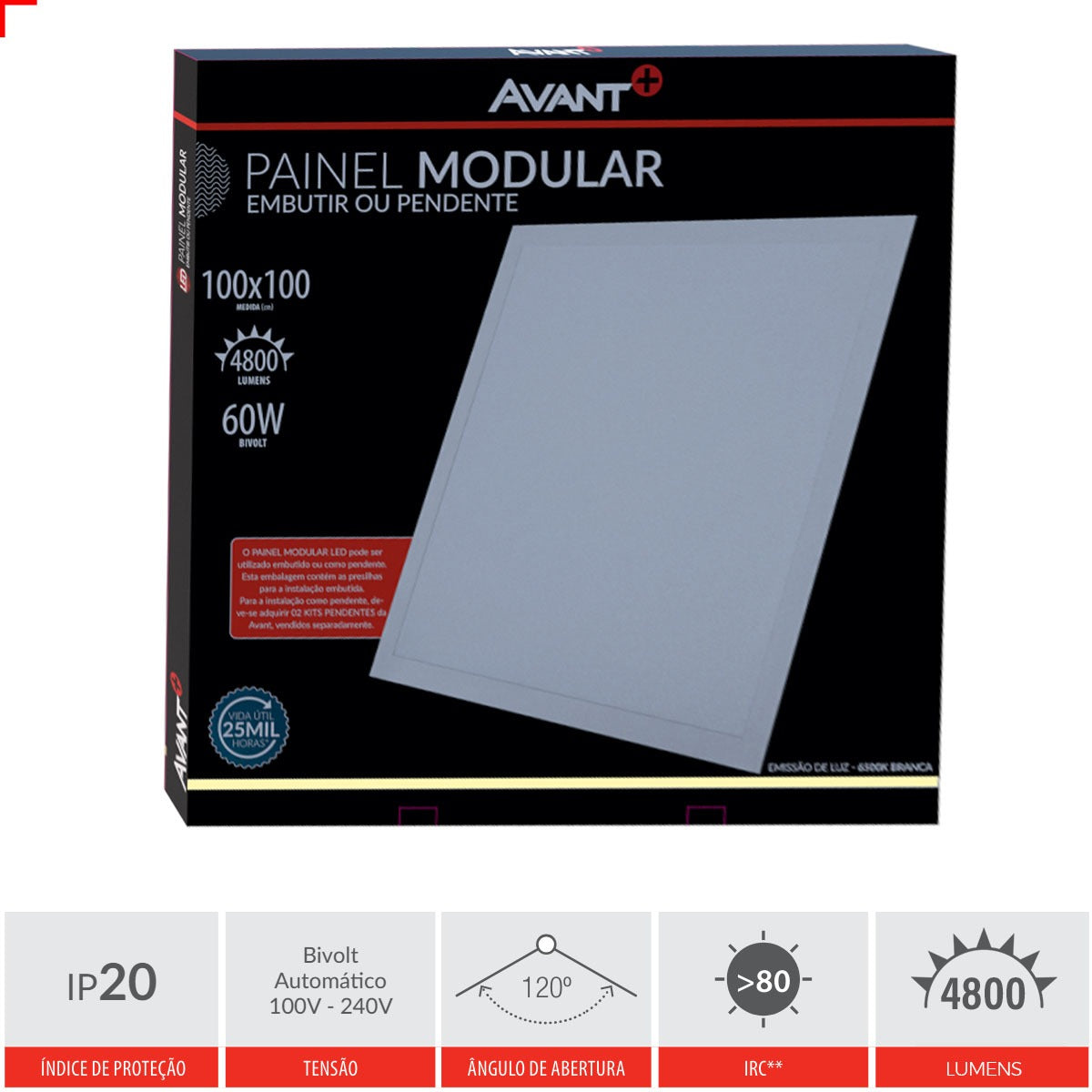 Painel Led Embutir 60w 4000k 100x100cm Grande Formato Avant