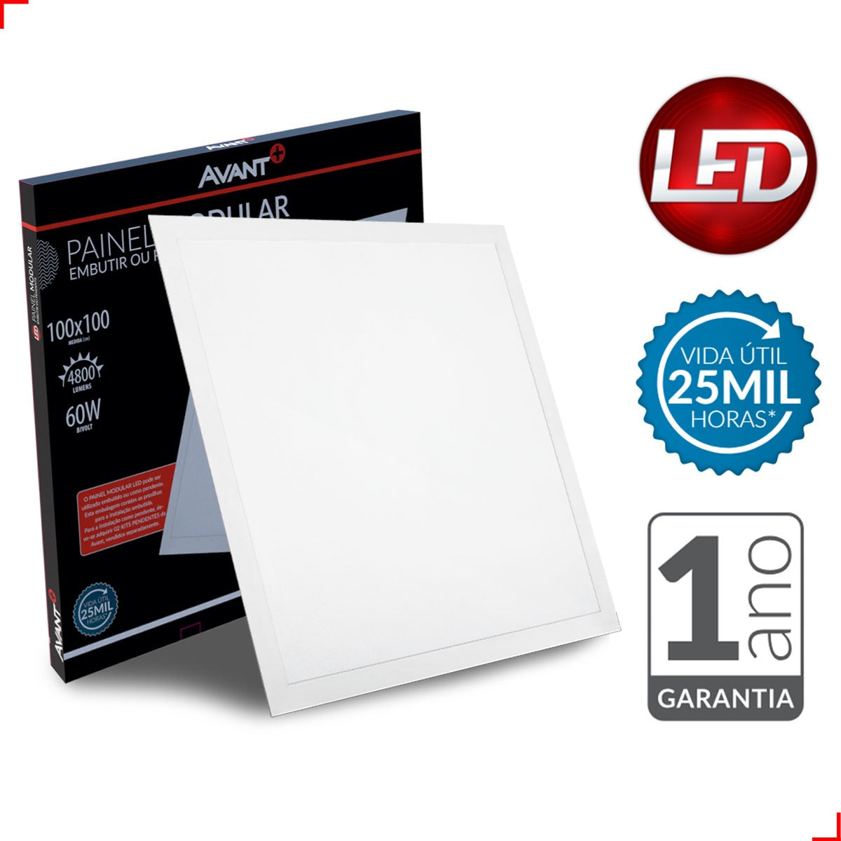Painel led Plafon Embutir 60w 3000k Branco Quente 100cm Bivolt Quadrado Branco Avant