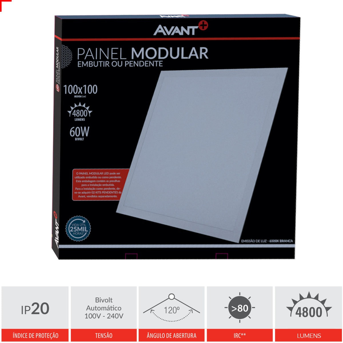 Painel led Plafon Embutir 60w 3000k Branco Quente 100cm Bivolt Quadrado Branco Avant