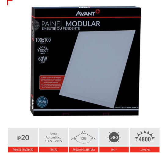 Painel Led Embutir 60w 100x100cm Paflon Quadrado Bivolt 6500k Luz Branco Frio Grande Formato - Avant