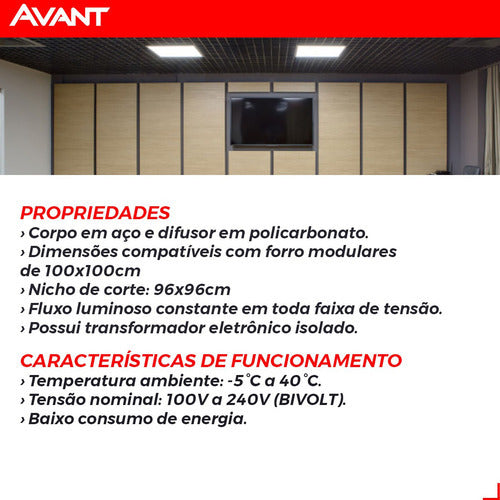 Painel Led Embutir 60w 100x100cm Paflon Quadrado Bivolt 6500k Luz Branco Frio Grande Formato - Avant