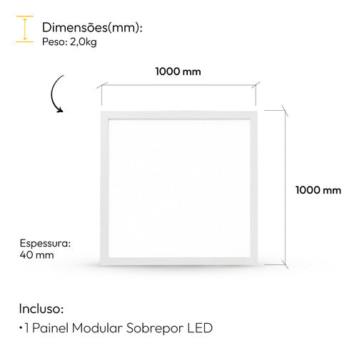 Painel Led Sobrepor 60w 1000x1000cm Plafon Quadrado Bivolt 3000k 4000k 6500k Grande Formato - Avant