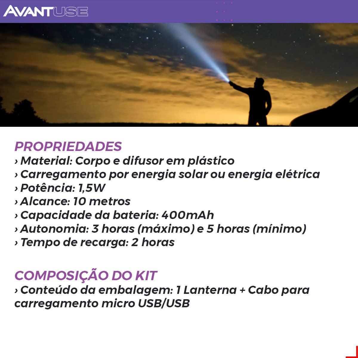 Lanterna Led Solare Recarregável 1,5W 6500k Branco Frio 5V IP65 Vermelho Avant Use