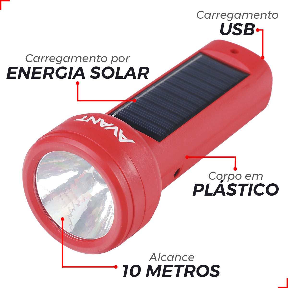 Lanterna Led Solare Recarregável 1,5W 6500k Branco Frio 5V IP65 Vermelho Avant Use