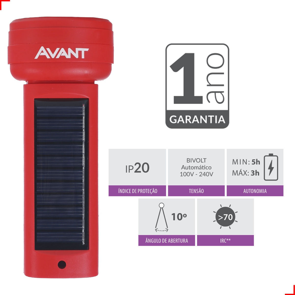 Lanterna Led Solare Recarregável 1,5W 6500k Branco Frio 5V IP65 Vermelho Avant Use