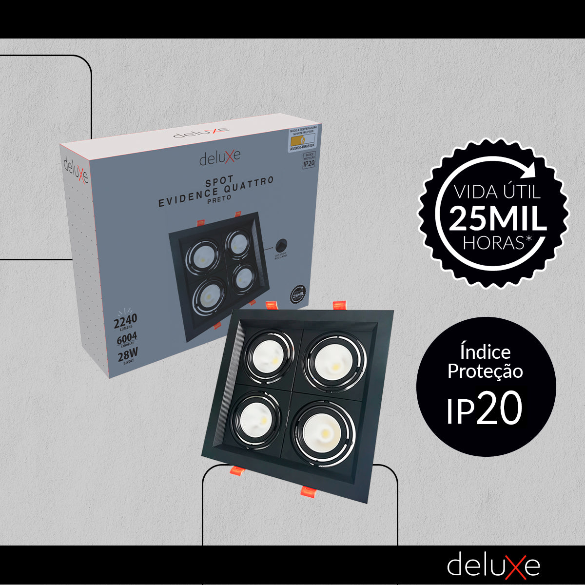 Spot Led Evidence Quatto 28w 3000k/4000k/6500k IP20 Bivolt Preto Avant