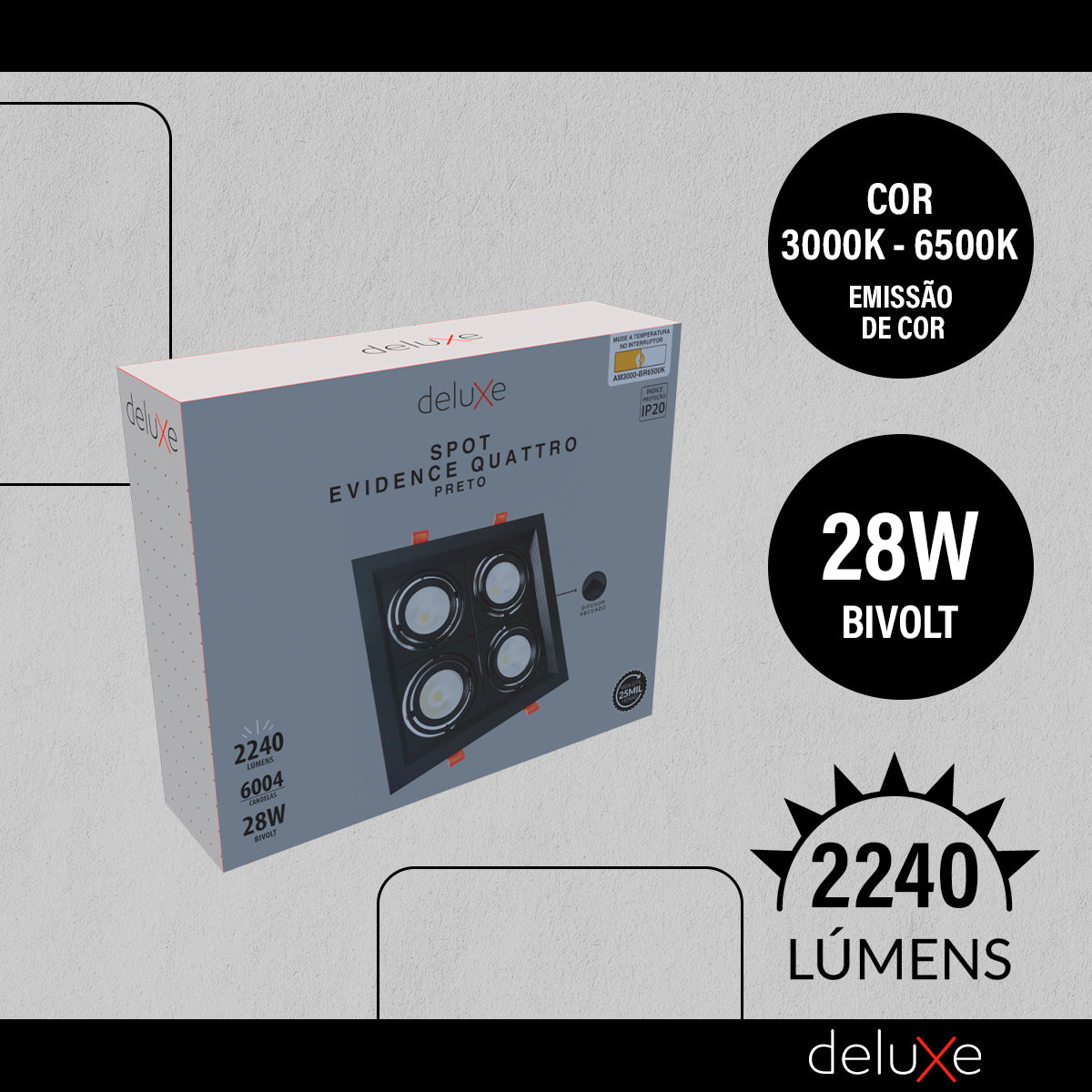 Spot Led Evidence Quatto 28w 3000k/4000k/6500k IP20 Bivolt Preto Avant