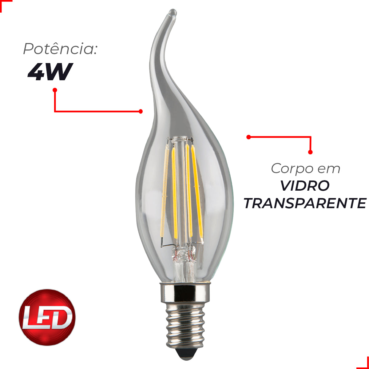 Lampada Led Vela Filamento Chama C 4w 400lm 2700k Avant