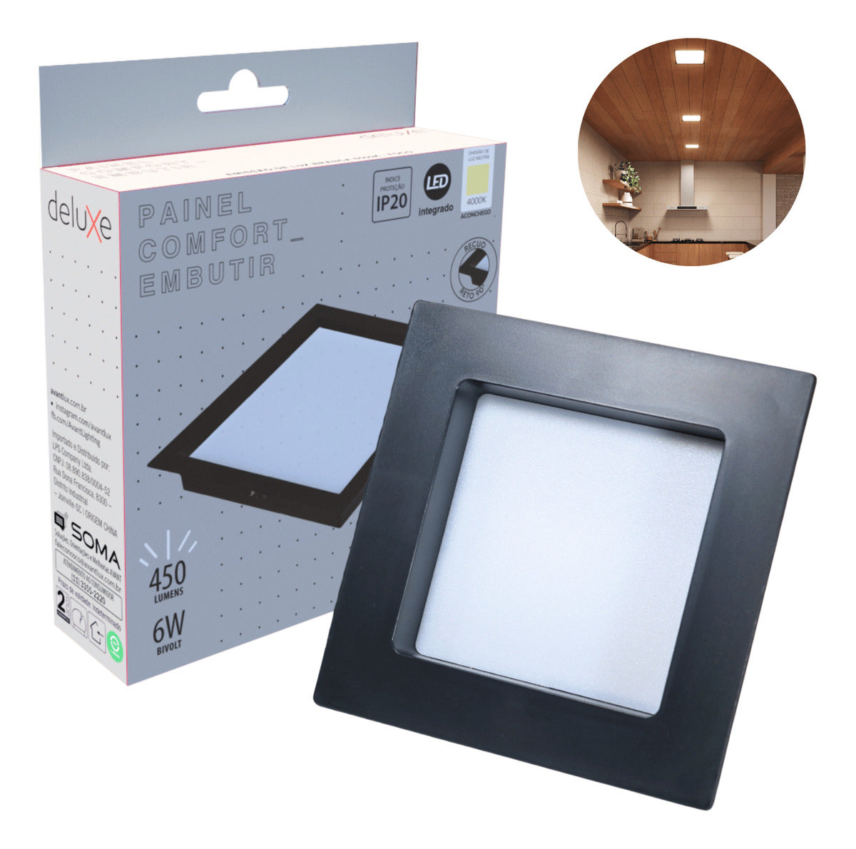 Painel Led Comfort Recuado 6w 4000k Branco Neutro IP20 Bivolt Preto Avant