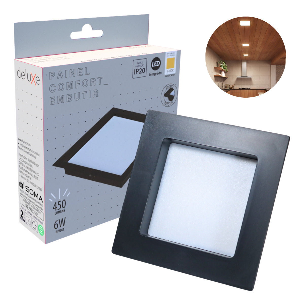 Painel Led Comfort Recuado 6w 2700k Branco Quente IP20 Bivolt Preto Avant