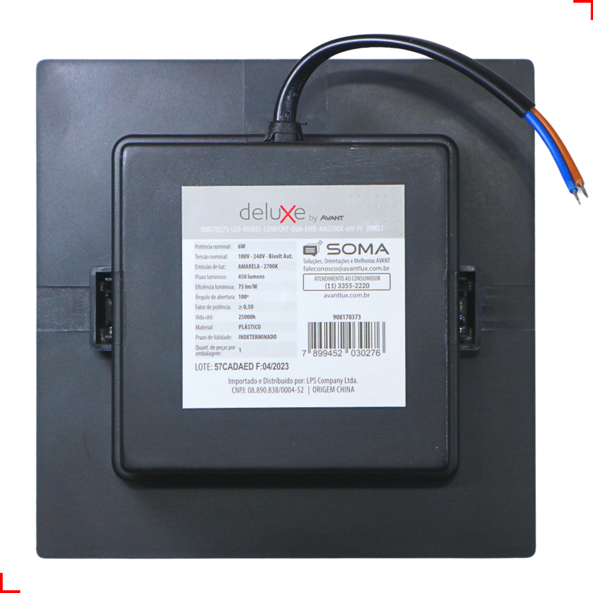 Painel Led Comfort Recuado 6w 2700k Branco Quente IP20 Bivolt Preto Avant