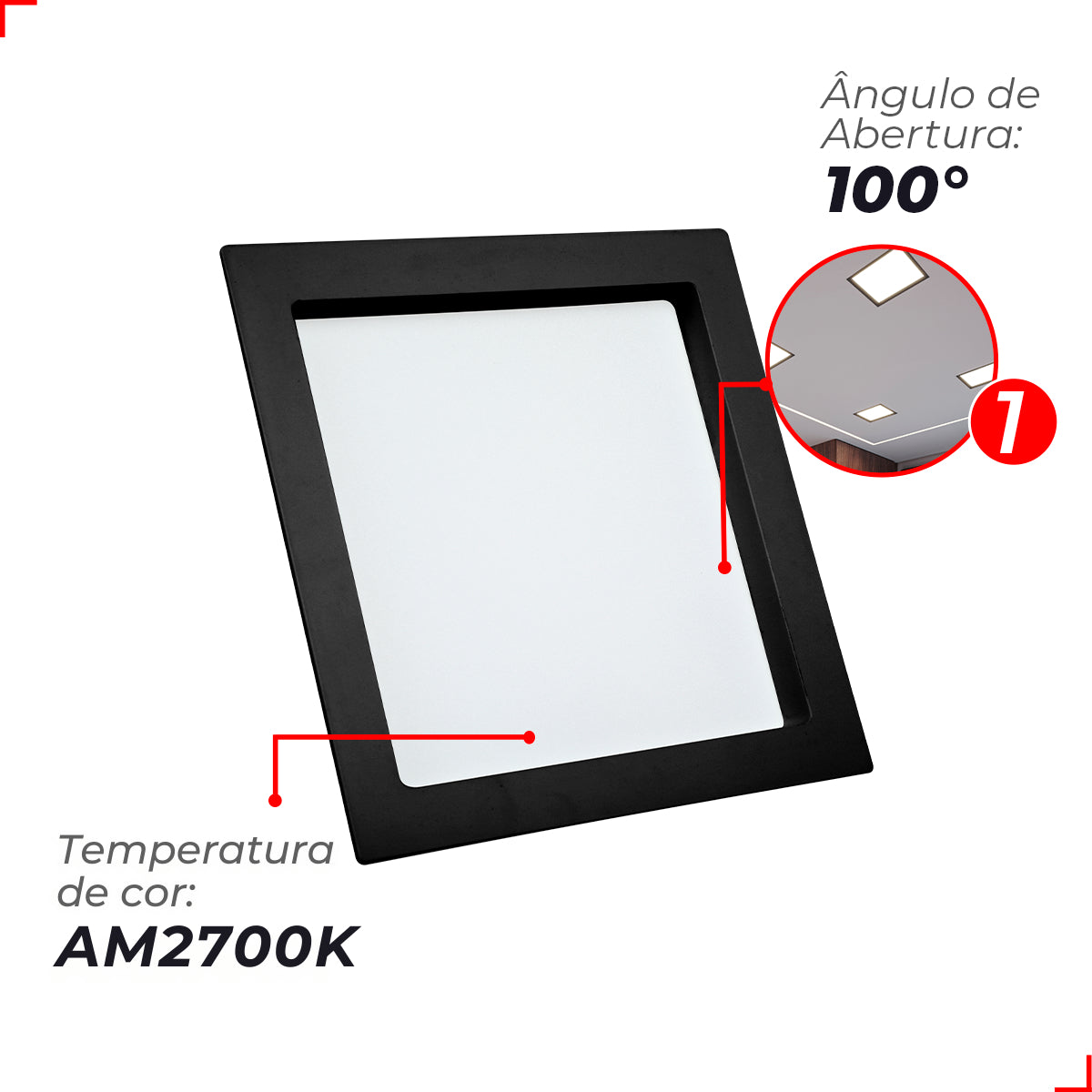 Painel Led Recuado Comfort 12w 2700k Branco Quente Bivolt Preto Avant