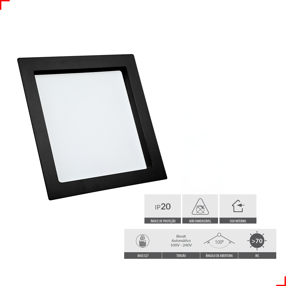 Painel Led Recuado Comfort 12w 2700k Branco Quente Bivolt Preto Avant
