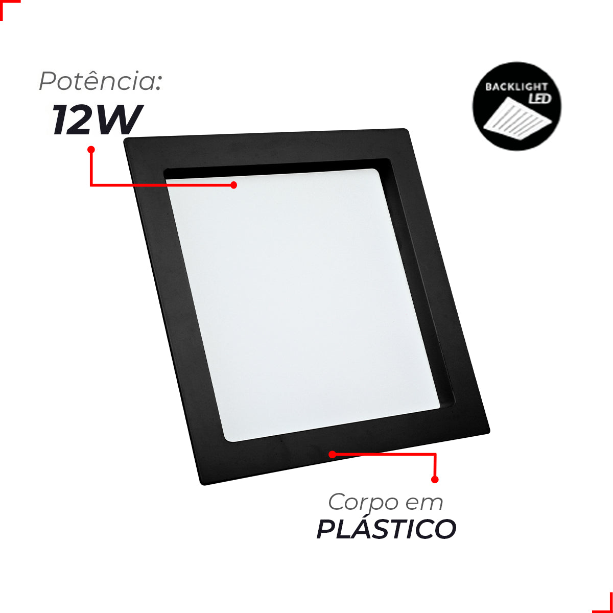 Painel Led Recuado Comfort 12w 2700k Branco Quente Bivolt Preto Avant