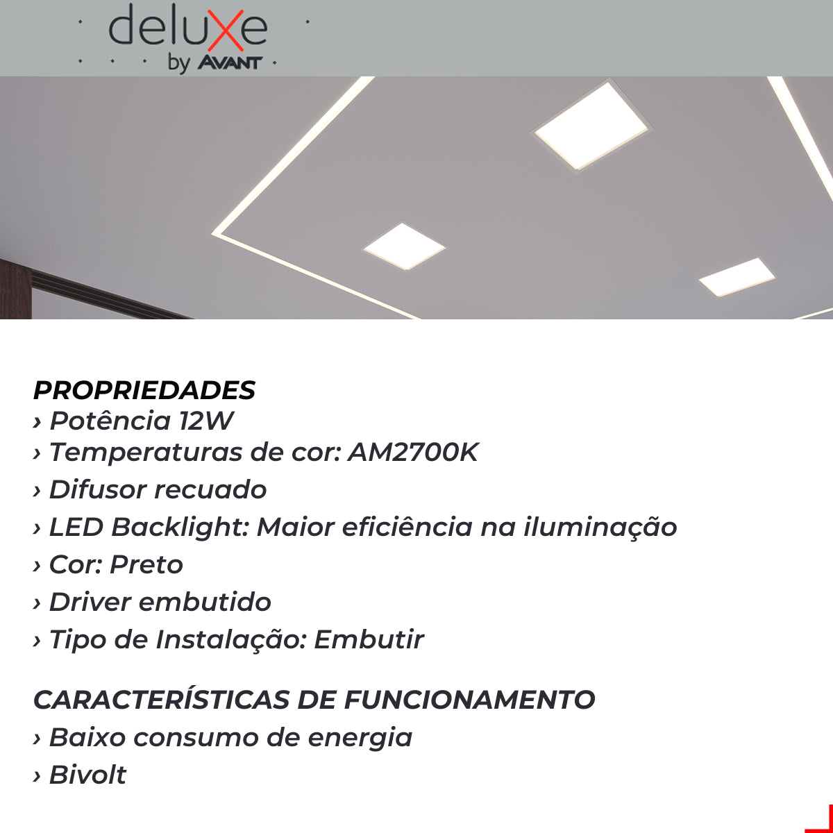 Painel Led Recuado Comfort 12w 2700k Branco Quente Bivolt Preto Avant