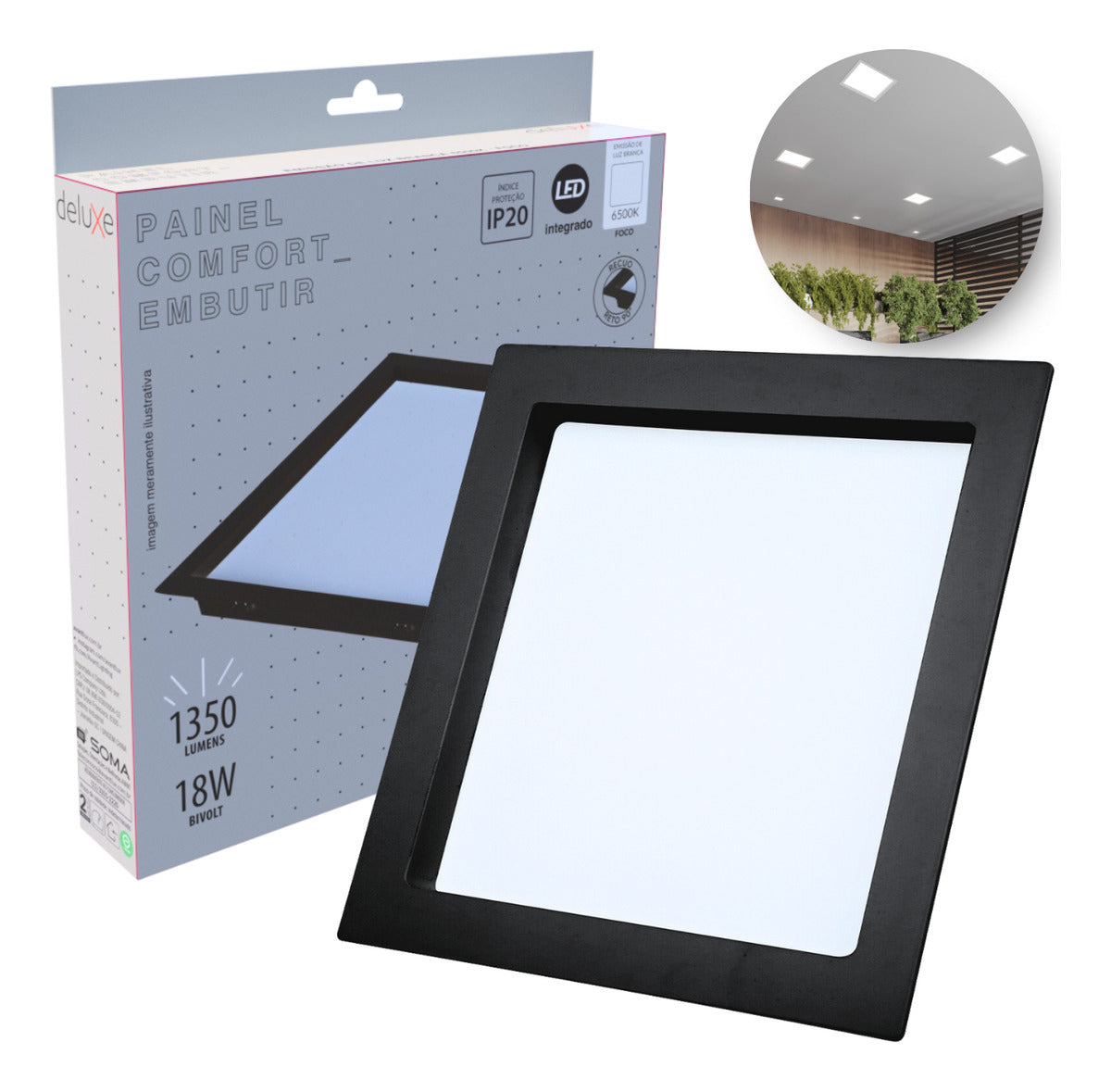 Painel Led Recuado Comfort 18w 4000k Branco Neutro IP20 Bivolt Preto Avant