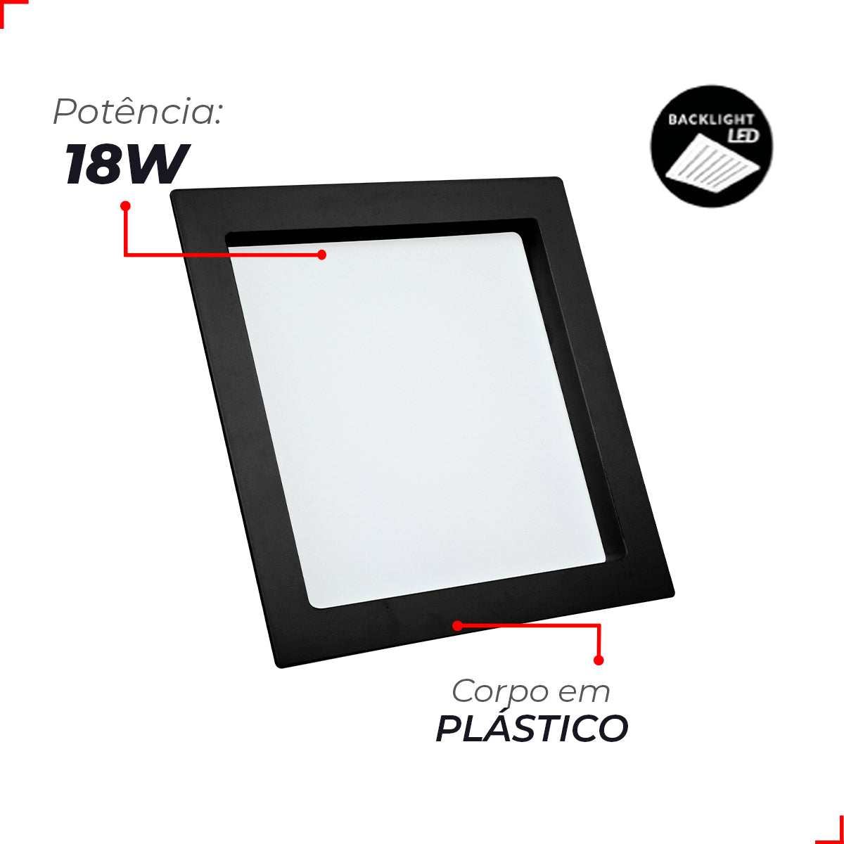 Painel Led Recuado Comfort 18w 4000k Branco Neutro IP20 Bivolt Preto Avant