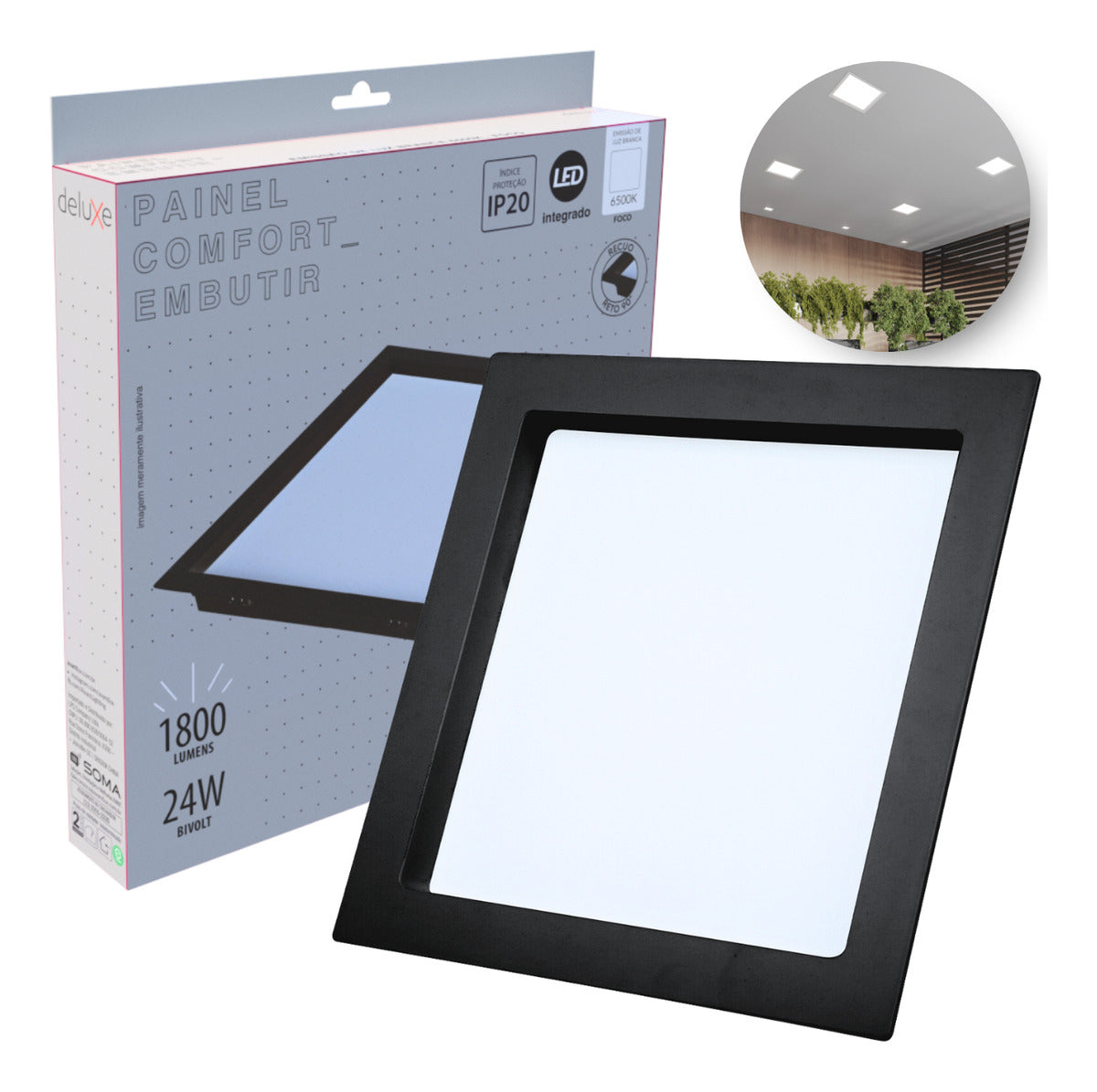Painel Led Recuado Comfort 24w 6500k Branco Frio IP20 Bivolt Preto Avant