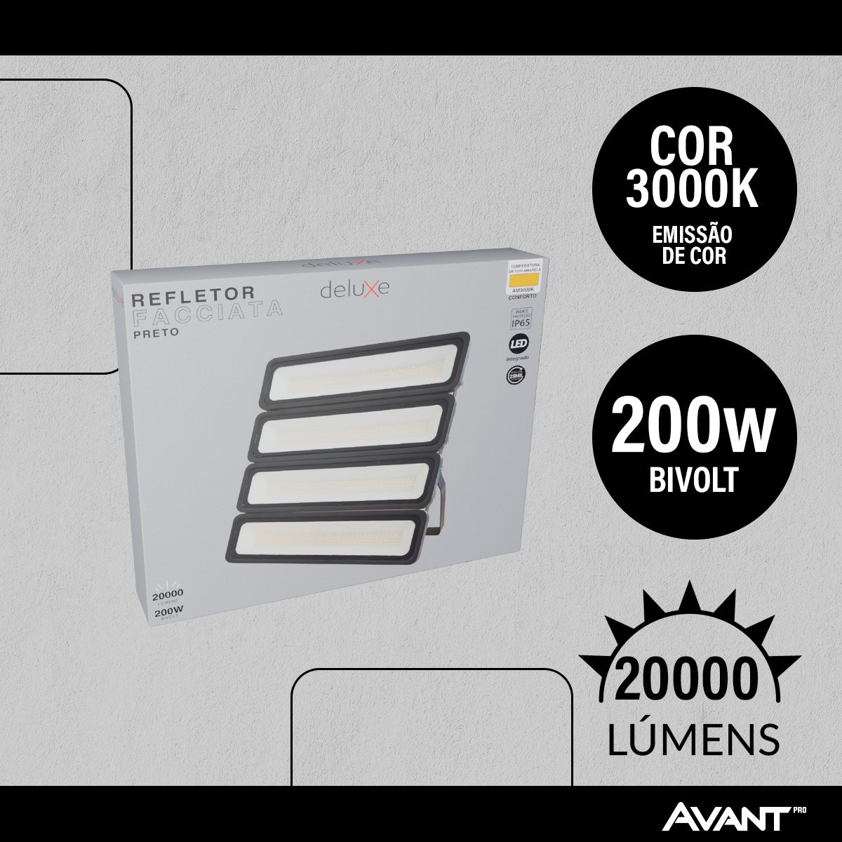 Refletor Led Facciata 200w 3000k Branco Quente Bivolt IP66 Preto Avant Pro