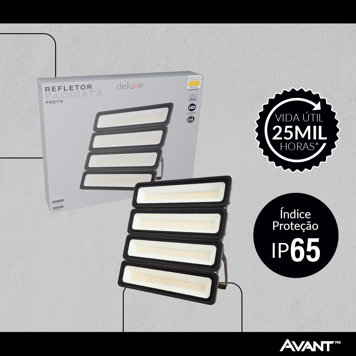 Refletor Led Facciata 200w 3000k Branco Quente Bivolt IP66 Preto Avant Pro