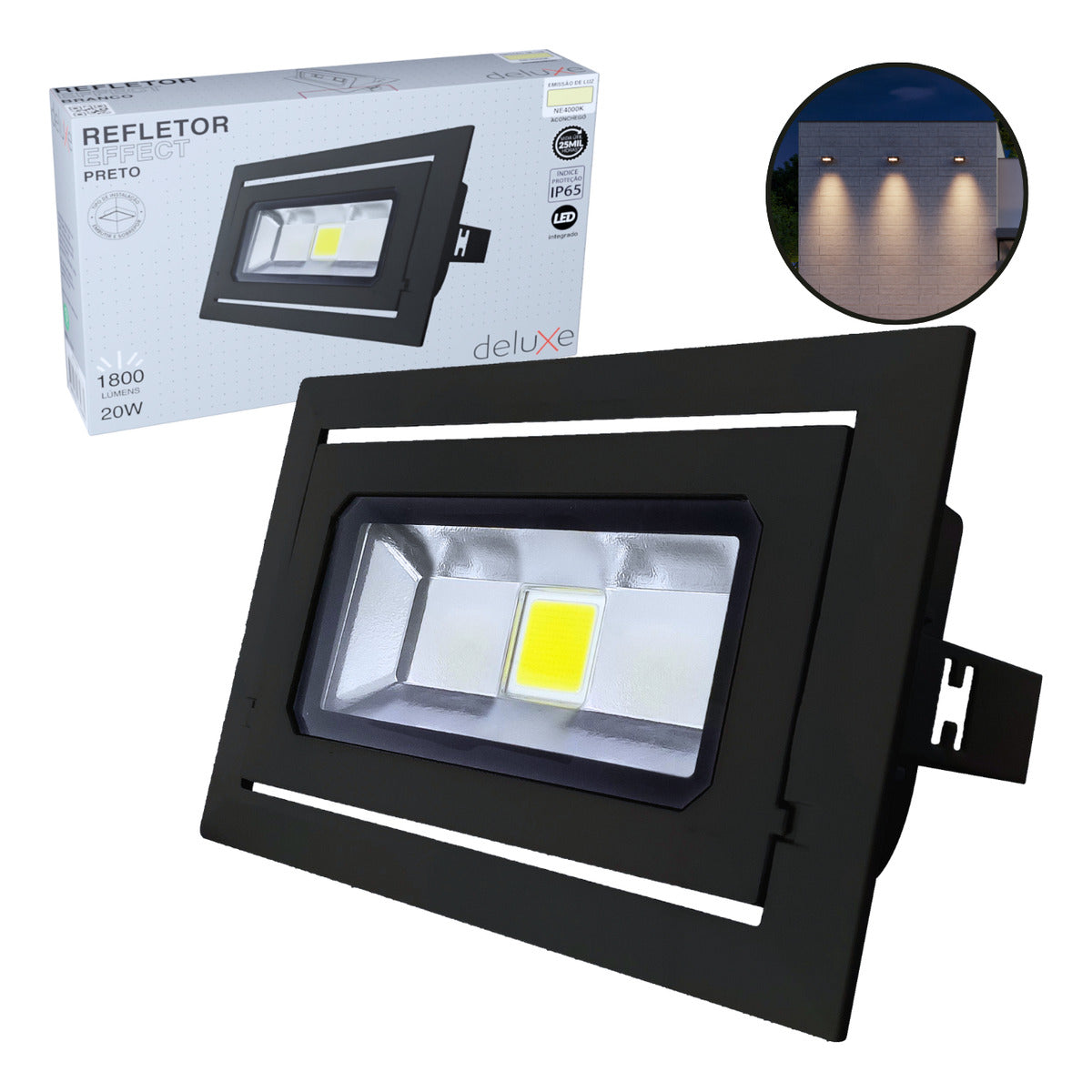 Refletor Led Effect 20W 4000k Branco Neutro Bivolt Ip65 a prova d'água Preto Deluxe