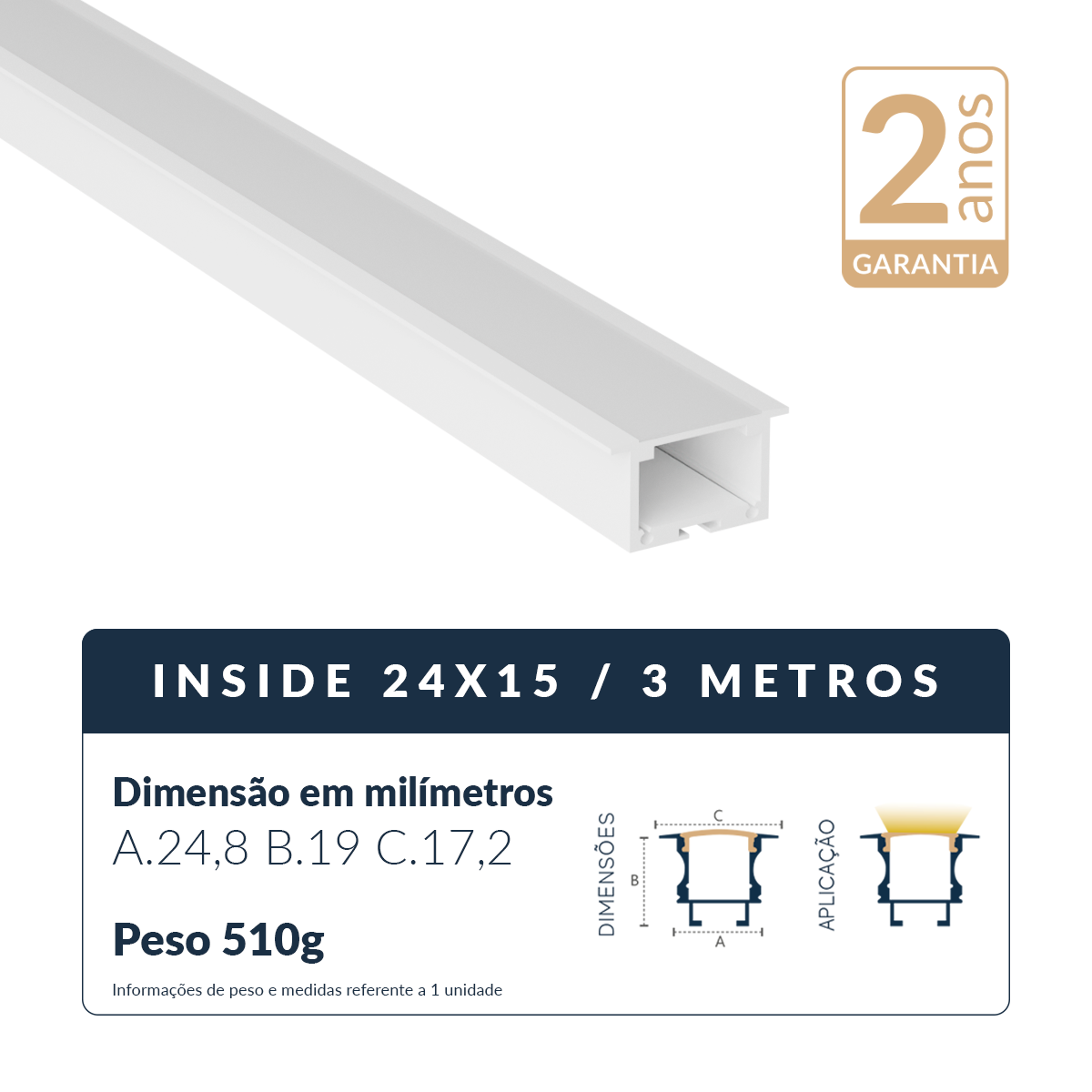 Perfil Barra Risqué Inside Embutir 24x15mm 3 Metros IP20 Branco Avant