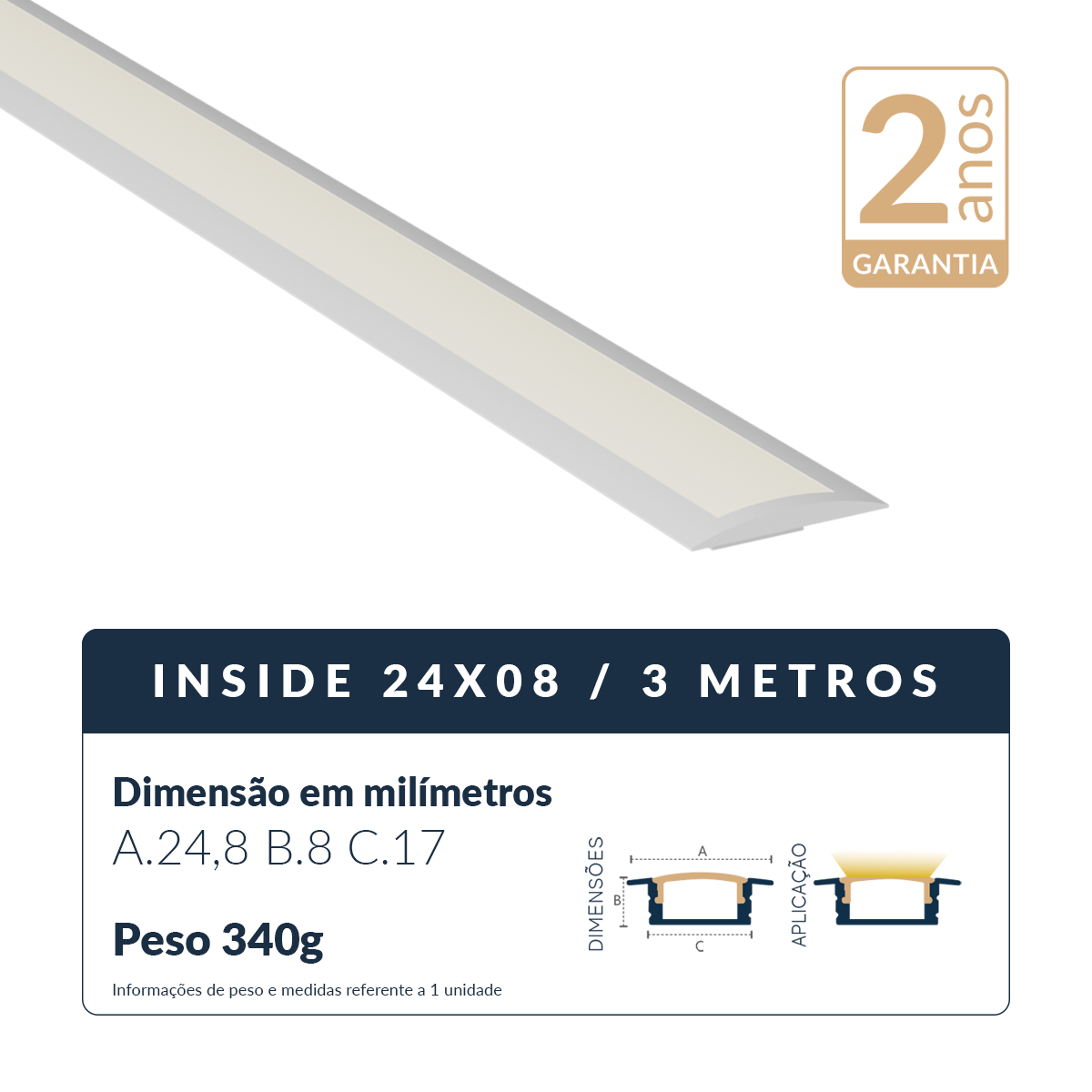Perfil Barra Risqué Inside Embutir 24x08mm 3 Metros IP20 Branco Avant